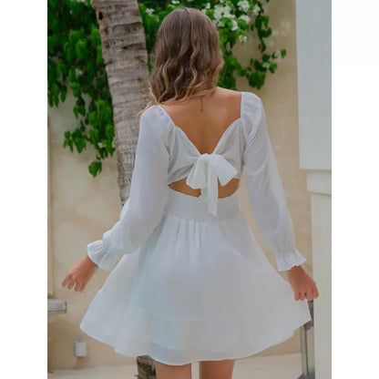 EXLURA Womens 2025 Casual Long Lantern Sleeve Dresses Square Neck Ruffle Tie Back Elastic Waist Aline Short Mini Dress