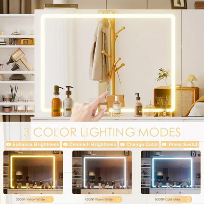 PAKASEPT Vanity with Lighted Mirror, Vanity Desk with Visible Glass Tabletop, 11 Drawers, Hidden Sliding Shelves and Charging Station, White