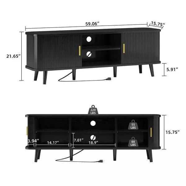 Gikpal 59" TV Stand, Fluted TV Stand for TVs up to 65", Entertainment Center with Storage Compartment and Sliding Doors, Power Outlet, Living room