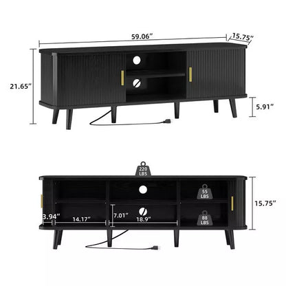Gikpal 59" TV Stand, Fluted TV Stand for TVs up to 65", Entertainment Center with Storage Compartment and Sliding Doors, Power Outlet, Living room