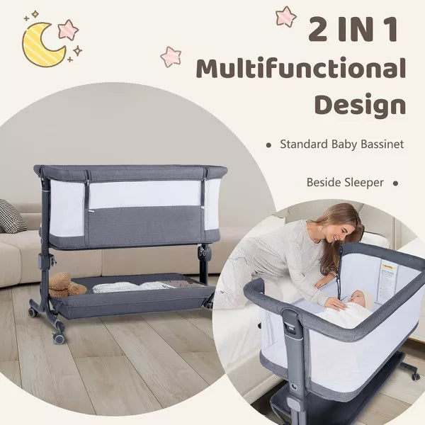 Kinder King Baby Bassinet with Wheels Easy Folding Portable All-Sided Mesh Adjustable Height Comfy Mattress & Carry Bag, Grey