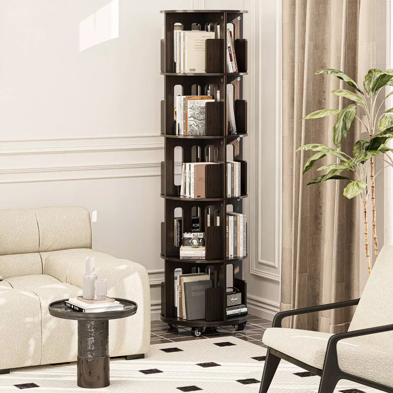 ATJafurn 17.7'' 360° Rotating Bookshelf Tower Revolving Corner Bookcase, Mid-Century Modern Dark Walnut Spinning Bookshelves For Home Office Corner
