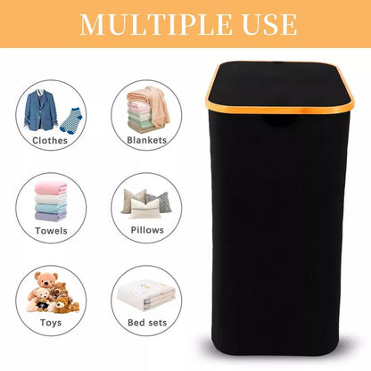 BestParts 150L Waterproof Double Laundry Hamper with Lid, Bamboo Handles & 2 Removable Bags, Blac