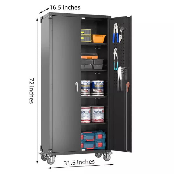 SUXXAN 72"H Metal Storage Cabinet with Wheels and Pegboard, 4 Adjustable Shelves and Lockable Door for Garage,Required Assembly