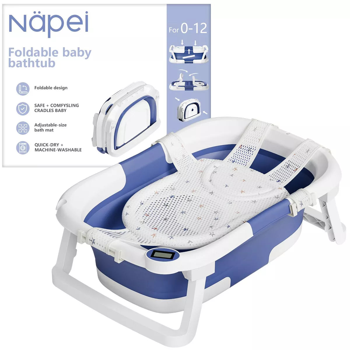 Napei Collapsible Baby Bathtub for Infants and Toddlers with Bath Net and Thermometer