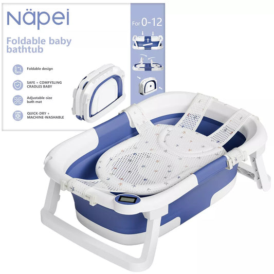 Napei Collapsible Baby Bathtub for Infants and Toddlers with Bath Net and Thermometer