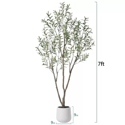 DR.Planzen 5-7FT Artificial Olive Tree with Triple-Trunk Design - Realistic Black Olives & Green Leaves in 9x9" White Plastic Planter for Home Decor