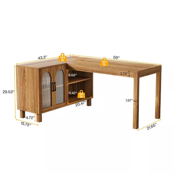 Resenkos Computer Desk, Office Desk, Study Desk,59" L-Shaped Executive Desk, Computer Desk Home Office Desk With Storage Cabinet,Brown