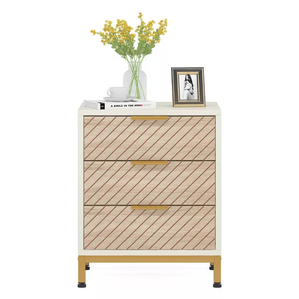 Resenkos 1 Pack Night Stand for Bedrooms, White and Gold Light Wood Grain Nightstand with 3 Drawers Bedside End Tables Storage for Living Room Brown