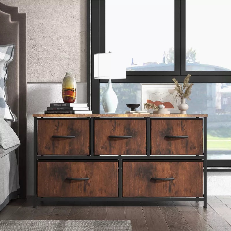 Resenkos 5-Drawer Bedroom Dresser: Spacious Chest with Storage Tower, Furniture Organizer Unit for Bedroom, Living Room, or Hallway Brown