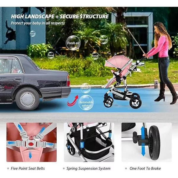 Kinder King Meno V 3 in 1 Reversible Baby Stroller w/Detachable Tray, Adjustable Canopy, Suspension Wheels