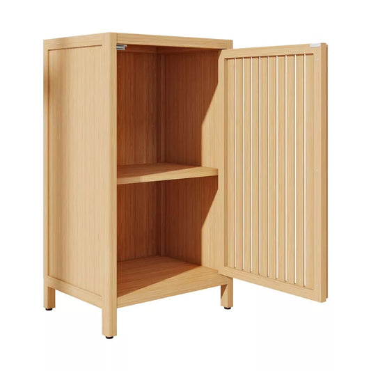 VANIRROR Small Bamboo Storage Cabinet, Freestanding Sideboard Cabinet With Slatted Door for Bathroom, Living Room, Hallway, Kitchen, Natural Color