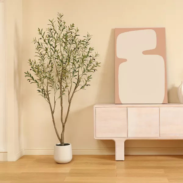 DR.Planzen 5-7FT Artificial Olive Tree with Triple-Trunk Design - Realistic Black Olives & Green Leaves in 9x9" White Plastic Planter for Home Decor