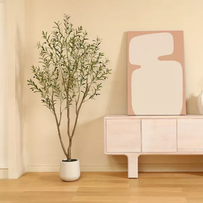 DR.Planzen 5-7FT Artificial Olive Tree with Triple-Trunk Design - Realistic Black Olives & Green Leaves in 9x9" White Plastic Planter for Home Decor