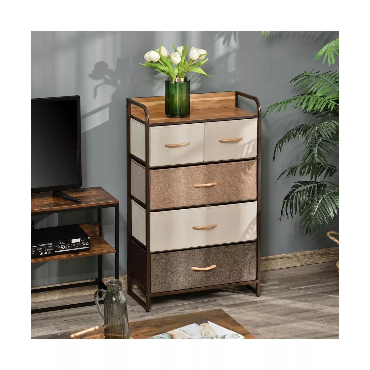 Resenkos Dresser, Chest Organizer Unit,5-Drawer Fabric Dresser Tower, 4-Tier Storage Organizer With Steel Frame, Maple Wood