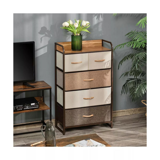 Resenkos Dresser, Chest Organizer Unit,5-Drawer Fabric Dresser Tower, 4-Tier Storage Organizer With Steel Frame, Maple Wood