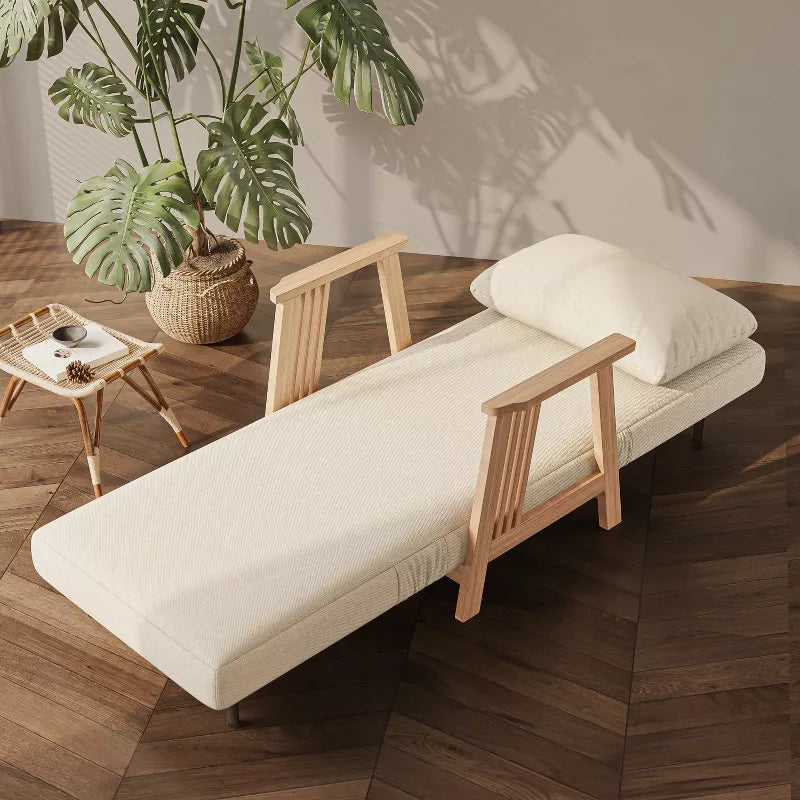 ATJafurn Folding Chair Bed, Modern Convertible Wooden Upholstered Armchair Sleeper Chaise Recliner Sofa Bed for Bedroom Living Room, White