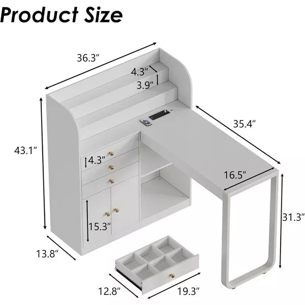 PAKASEPT Manicure Table with Led Light, Nail Desk Makeup Dressing Nail Station with Storage Drawers & Cabinet and Shelves