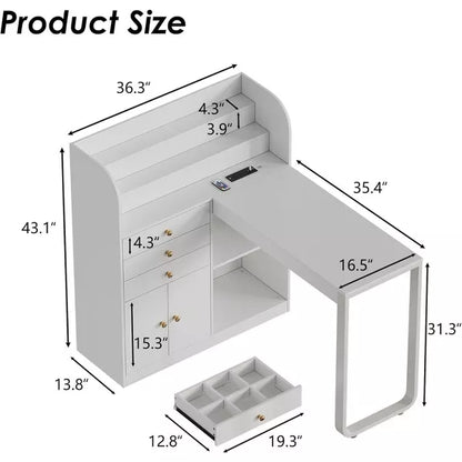 PAKASEPT Manicure Table with Led Light, Nail Desk Makeup Dressing Nail Station with Storage Drawers & Cabinet and Shelves