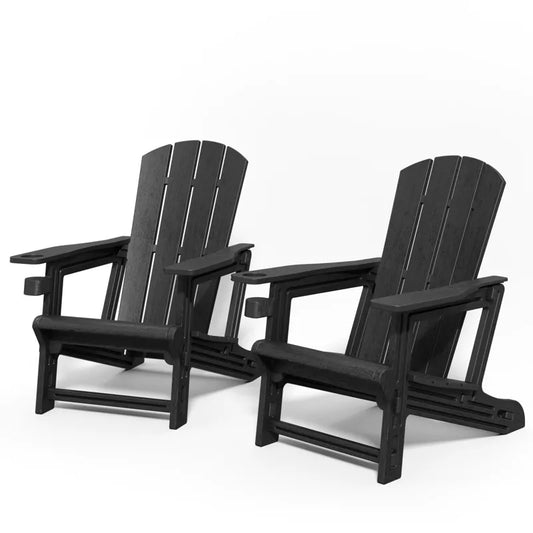 GlasFlength Folding Adirondack Patio Seating Sets, 2PCS with Cup Holder, Suitable for Indoor, Outdoor , Garden, or Backyard，Black, 31.4"*29.6"*36.4"