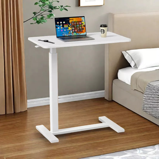 GlasFlength Desks Overbed Bedside Table with Wheels, Adjustable Height Mobile Standing Desk, Rolling Bed Table for Hospital, White, 27.5"*15.7"*43.3"