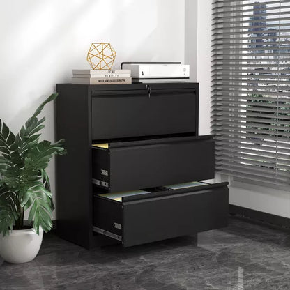 Munora - 3-Drawer Lateral File Cabinet with Lock - Wide Storage for Letter/Legal/A4 Files - Black