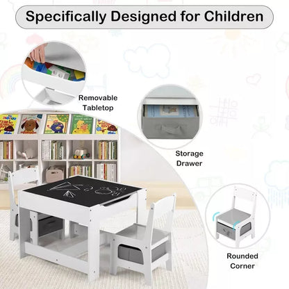 Kinder King 3-in-1 Kids Table & 2 Chairs Set with Storage, Removable Top & Blackboard, for Art, Crafts, Reading, Play