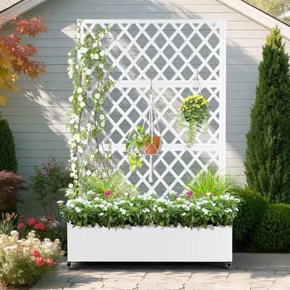 TOAOTBNBO Metal Raised Garden Bed with Diamond Lattice Trellis, Outdoor Planter Box with Wheels, Galvanized Garden Box for Patio