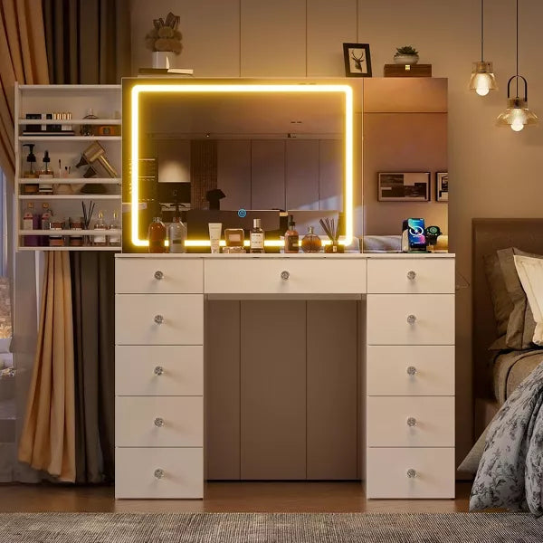 PAKASEPT Vanity with Lighted Mirror, Vanity Desk with Visible Glass Tabletop, 11 Drawers, Hidden Sliding Shelves and Charging Station, White