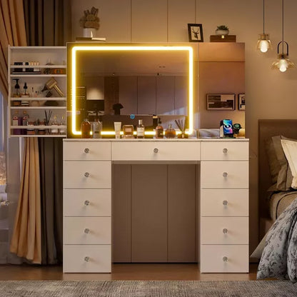 PAKASEPT Vanity with Lighted Mirror, Vanity Desk with Visible Glass Tabletop, 11 Drawers, Hidden Sliding Shelves and Charging Station, White