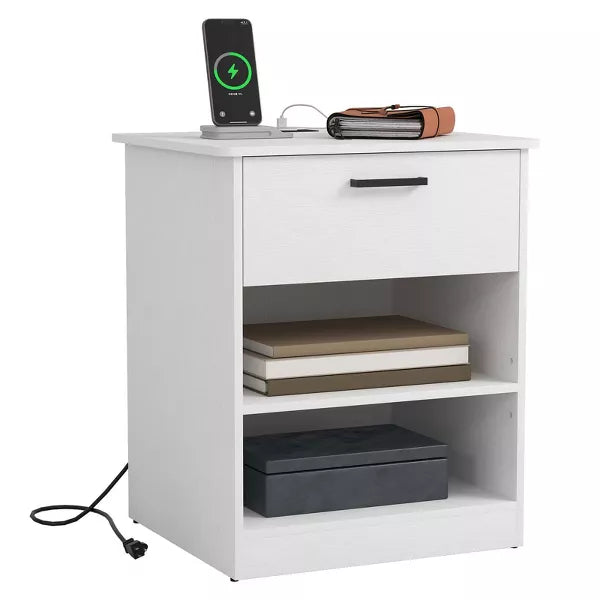 Resenkos Wood Nightstand With Charging Station, Bedside Table With Wood Drawers And Open Shelf, Night Stand With Storage For Bedroom,