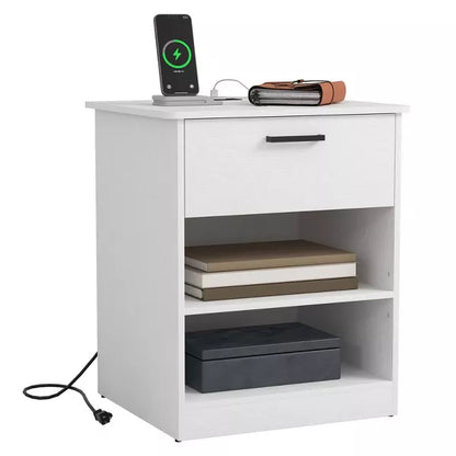 Resenkos Wood Nightstand With Charging Station, Bedside Table With Wood Drawers And Open Shelf, Night Stand With Storage For Bedroom,