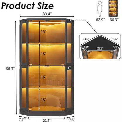 PAKASEPT 66.3” Tall Display Curio Cabinet with LED Lights, Tempered Glass Doors, 4-Tier Corner Display Cabinet for Toys, Books, Collectibles