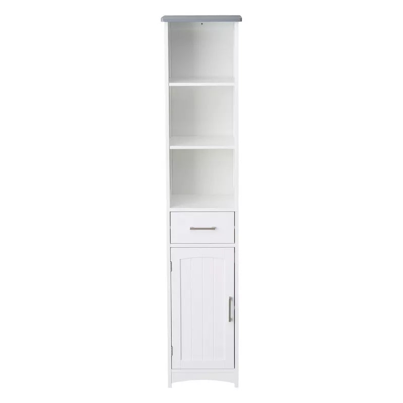 VANIRROR Narrow Linen Cabinet, Slim Storage Cabinet with Door & Drawer, Bathroom Floor Cabinet with Adjustable Shelves, Gray