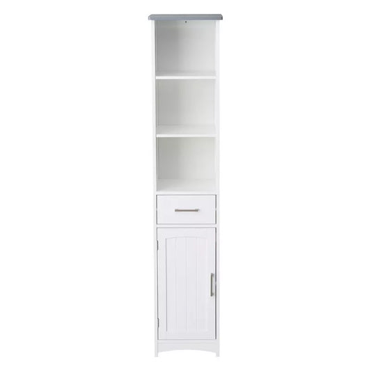 VANIRROR Narrow Linen Cabinet, Slim Storage Cabinet with Door & Drawer, Bathroom Floor Cabinet with Adjustable Shelves, Gray