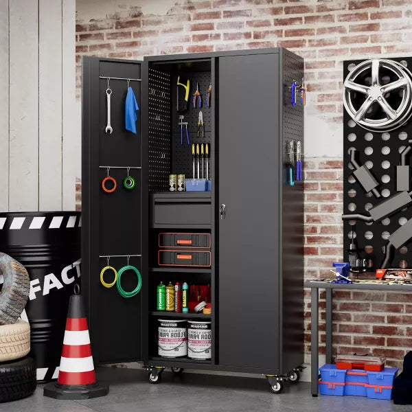 SUXXAN 71" H Metal Garage Storage Cabinet with Wheels, Pegboard and Drawer, Assembly required