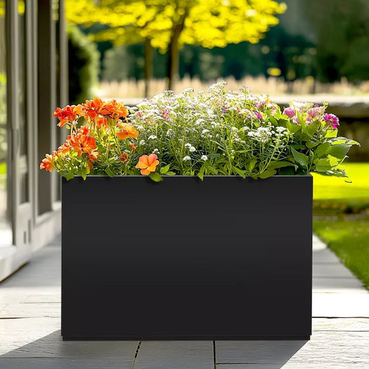 TOAOTBNBO Metal Rectangular Planter with Drainage Holes, Modern Planter with Removable Shelf, Tall Planter for Garden and Porch, Black