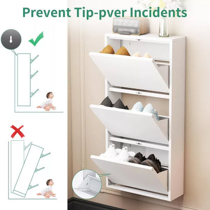Munora - 3 Flip-Drawer Wall-Mounted Shoe Cabinet - Slim Narrow Shoe Storage for Entryway/Hallway - White