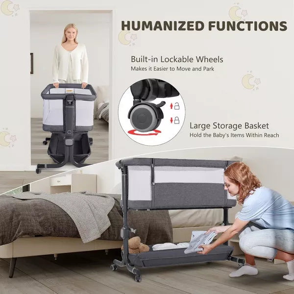 Kinder King Baby Bassinet with Wheels Easy Folding Portable All-Sided Mesh Adjustable Height Comfy Mattress & Carry Bag, Grey