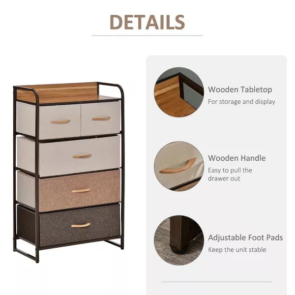 Resenkos Dresser, Chest Organizer Unit,5-Drawer Fabric Dresser Tower, 4-Tier Storage Organizer With Steel Frame, Maple Wood