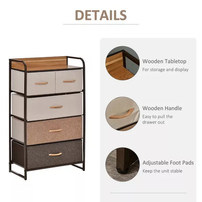 Resenkos Dresser, Chest Organizer Unit,5-Drawer Fabric Dresser Tower, 4-Tier Storage Organizer With Steel Frame, Maple Wood