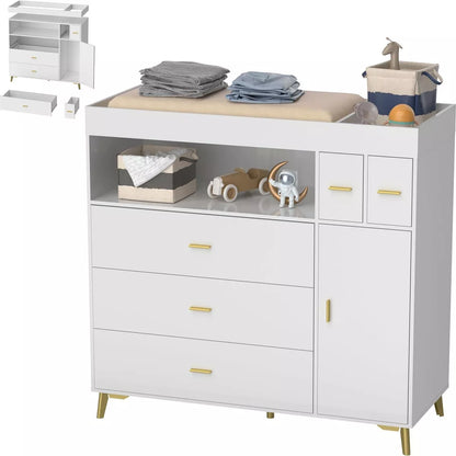 PAKASEPT Changing Table with Drawers, Changing Table Dresser with 5 Drawer & Cabinet