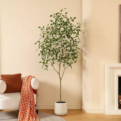DR.Planzen 5-7FT Faux Ficus Tree with Oval White Planter, Pre Potted Faux Greenry Tree for Home Decor