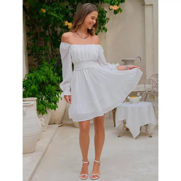 EXLURA Womens 2025 Casual Long Lantern Sleeve Dresses Square Neck Ruffle Tie Back Elastic Waist Aline Short Mini Dress