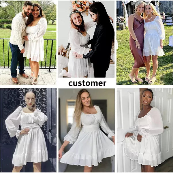 EXLURA Womens 2025 Casual Long Lantern Sleeve Dresses Square Neck Ruffle Tie Back Elastic Waist Aline Short Mini Dress