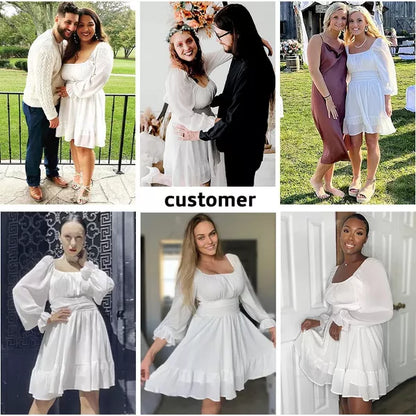 EXLURA Womens 2025 Casual Long Lantern Sleeve Dresses Square Neck Ruffle Tie Back Elastic Waist Aline Short Mini Dress