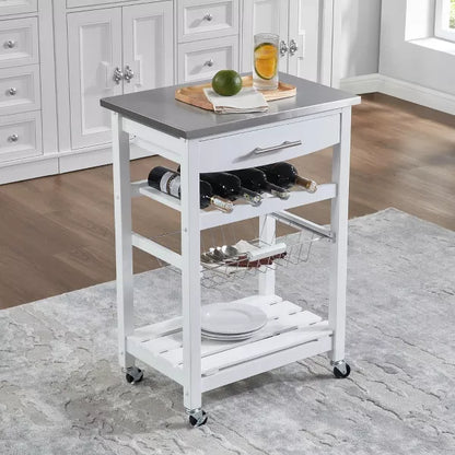Wooakway 33.5"H Indoor Kitchen Island Trolley Serving Cart with Stainless Steel Marble Top Underneath Drawer Basket Wine Rack Lockable Casters