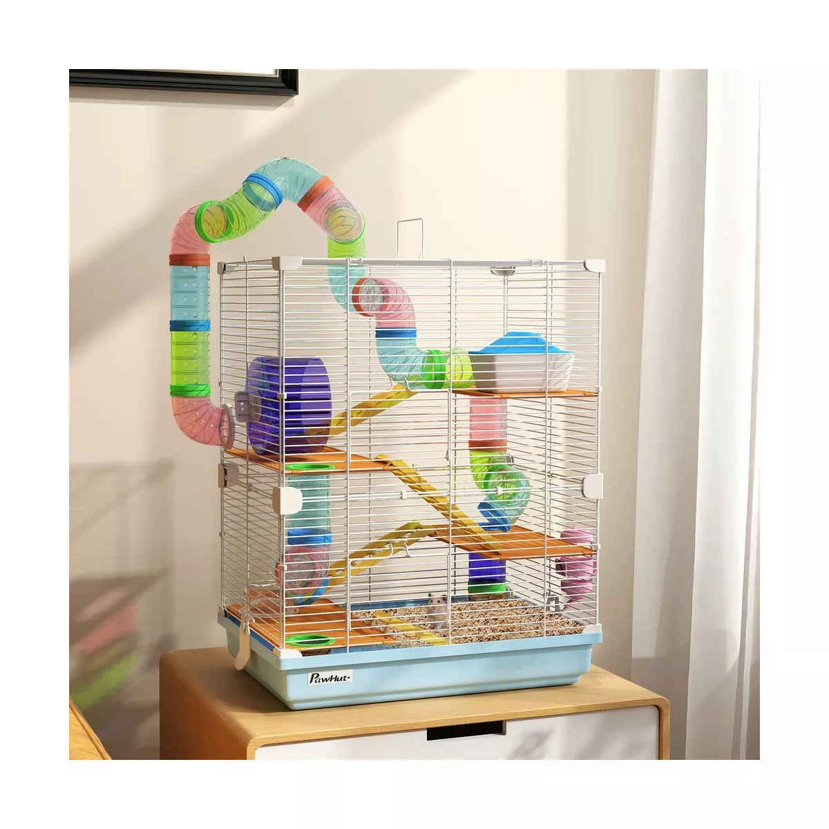 Resenkos 5 Tiers Hamster Cage Portable Animal Travel Carrier w/ Exercise Wheels Tube, Light Blue