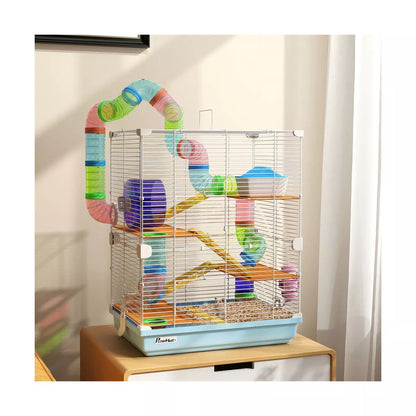 Resenkos 5 Tiers Hamster Cage Portable Animal Travel Carrier w/ Exercise Wheels Tube, Light Blue