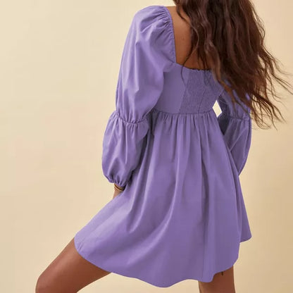 EXLURA Womens Square Neck Dress Long Puff Sleeve A-Line Casual Short Mini Dresses